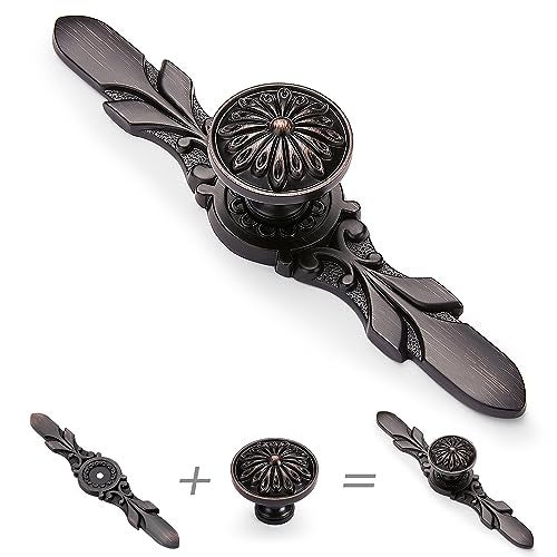 Aandxmok 10 Pack Oil Rubbed Bronze Cabinet Pulls Knobs- 1.22" Knob & 5.8" Plate - Vintage Drawer Pulls and Knobs, Home Decorative Flower Look for Kitchen,Bathroom - Image 2