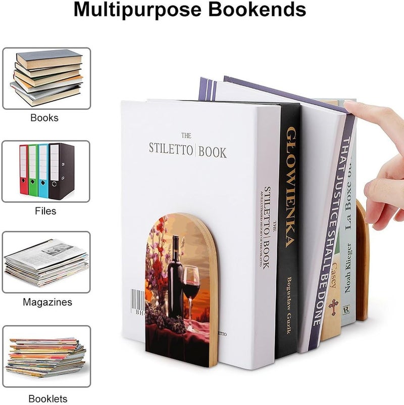 Red Wine Flower Bookends 1 Pair Solid Natural Wooden Book Ends, Duty Cute Book Stoppers, Decorative Book Holders for Home Office Desk Shelf, Perfect for Students, Book Lovers - Image 3
