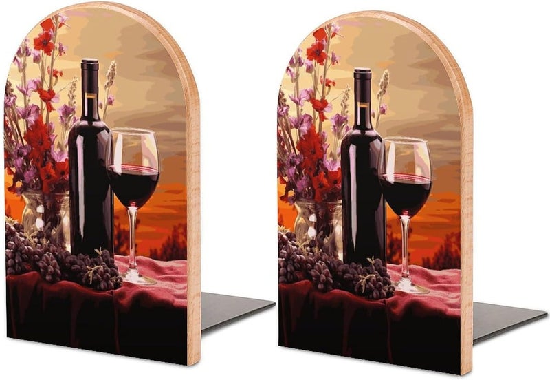 Red Wine Flower Bookends 1 Pair Solid Natural Wooden Book Ends, Duty Cute Book Stoppers, Decorative Book Holders for Home Office Desk Shelf, Perfect for Students, Book Lovers - Image 1