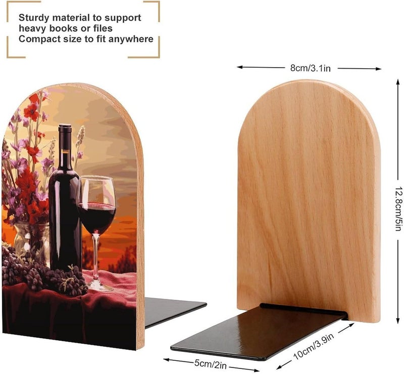 Red Wine Flower Bookends 1 Pair Solid Natural Wooden Book Ends, Duty Cute Book Stoppers, Decorative Book Holders for Home Office Desk Shelf, Perfect for Students, Book Lovers - Image 2