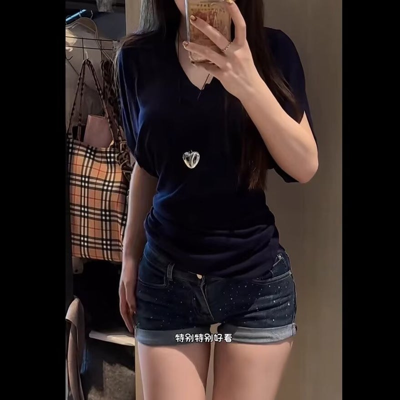American Girl Trendy Rhinestone Denim Shorts For Women Design Slim Low-Waist Slimming Hip-Hugging Pants - Image 4