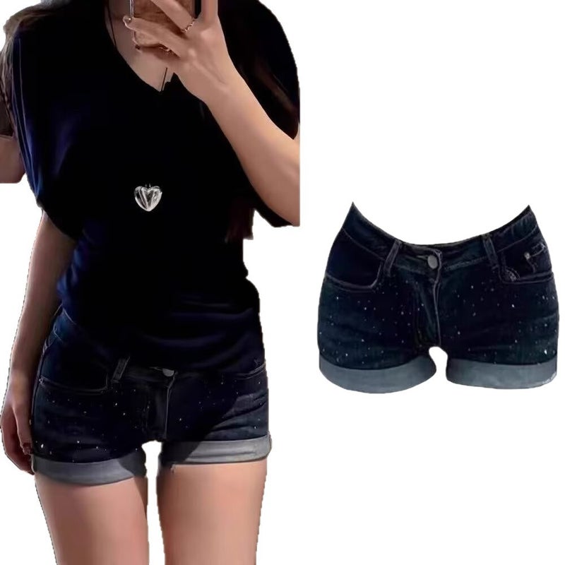 American Girl Trendy Rhinestone Denim Shorts For Women Design Slim Low-Waist Slimming Hip-Hugging Pants - Image 5