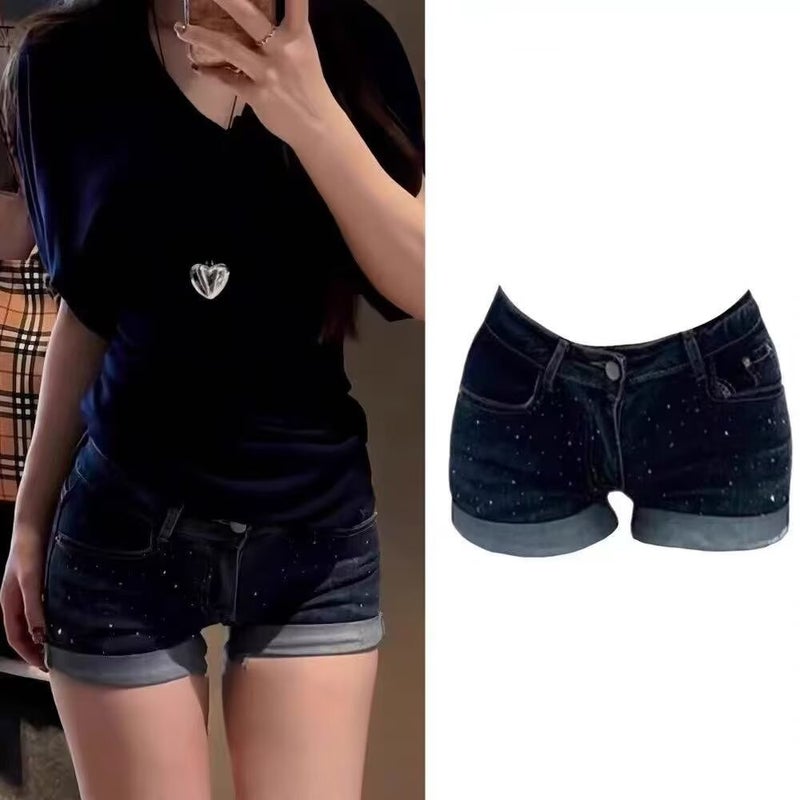American Girl Trendy Rhinestone Denim Shorts For Women Design Slim Low-Waist Slimming Hip-Hugging Pants - Image 2