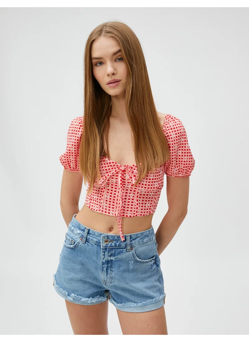 KOTON Crop T-Shirt with Floral Balloon Sleeves and Tie-Up Corset Detail