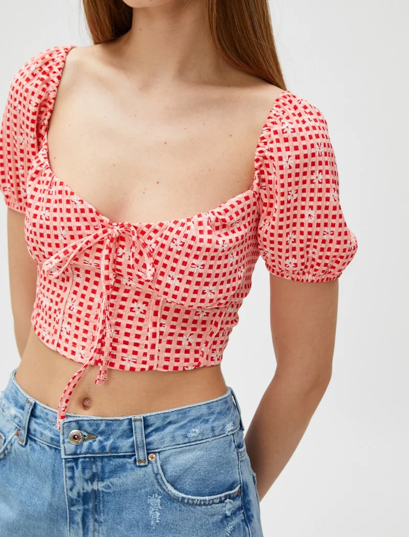 KOTON Crop T-Shirt with Floral Balloon Sleeves and Tie-Up Corset Detail