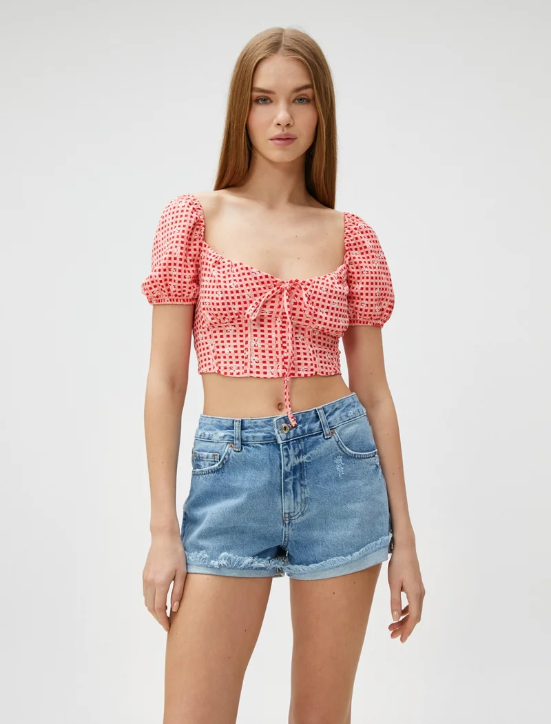 KOTON Crop T-Shirt with Floral Balloon Sleeves and Tie-Up Corset Detail