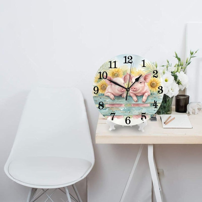 Abucaky Cute Pigs with Sunflowers Wall Clock Battery Operated Silent Round Clock Wall Decor for Home Office School, 12 Inch - Image 4