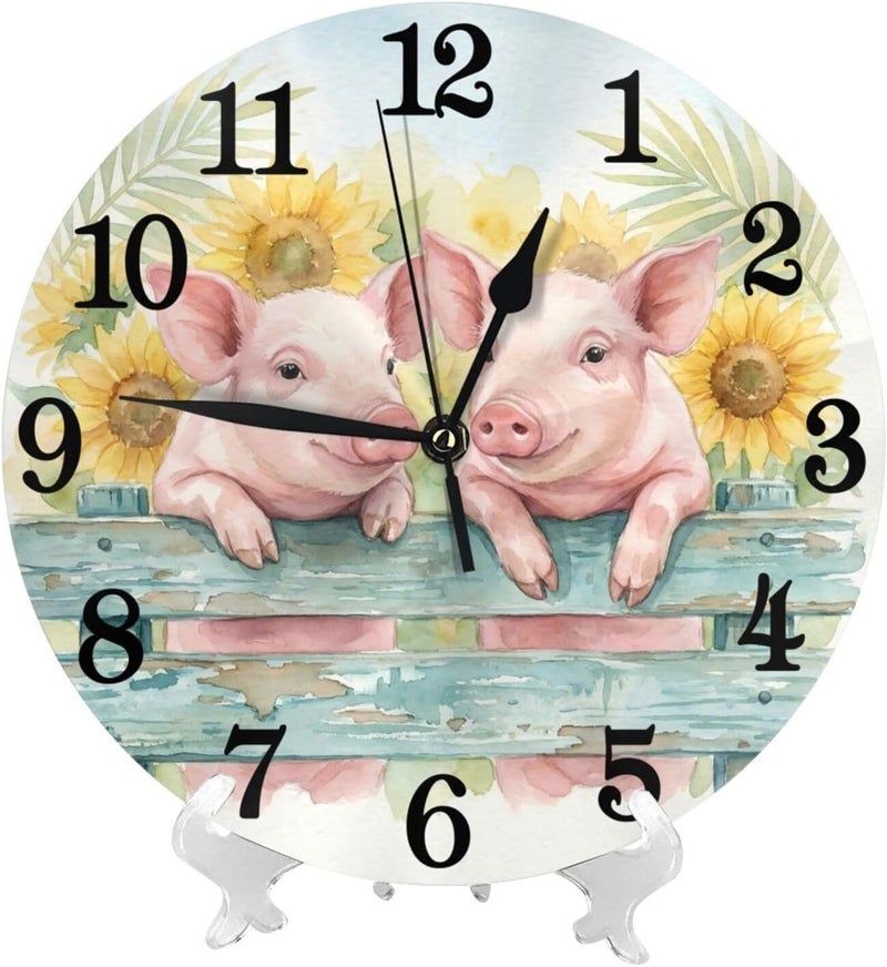 Abucaky Cute Pigs with Sunflowers Wall Clock Battery Operated Silent Round Clock Wall Decor for Home Office School, 12 Inch - Image 2