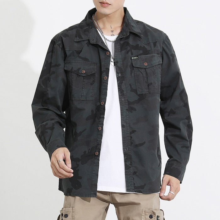 Fashion Retro Trendy Brand Spring New Mens Casual Handsome Top Trendy Long Sleeve Shirt Camouflage Work Coat dark gray camouflage 