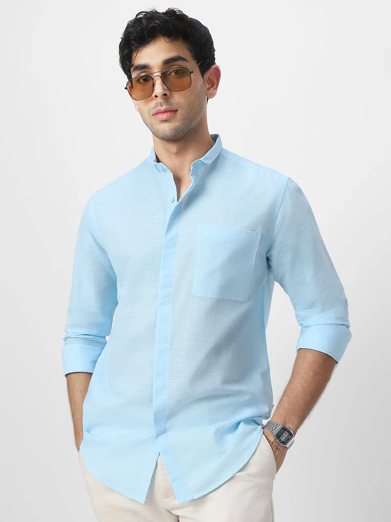 Urbano Fashion  Urbano Fashion Men's Light Blue Cotton Full Sleeve Regular Fit Casual Solid Shirt with Band Collar  | Best Price UAE