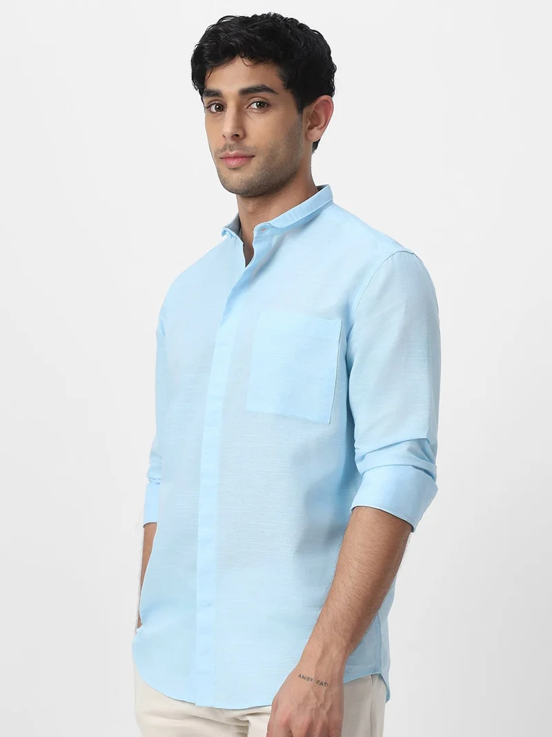 Urbano Fashion Men's Light Blue Cotton Full Sleeve Regular Fit Casual Solid Shirt with Band Collar