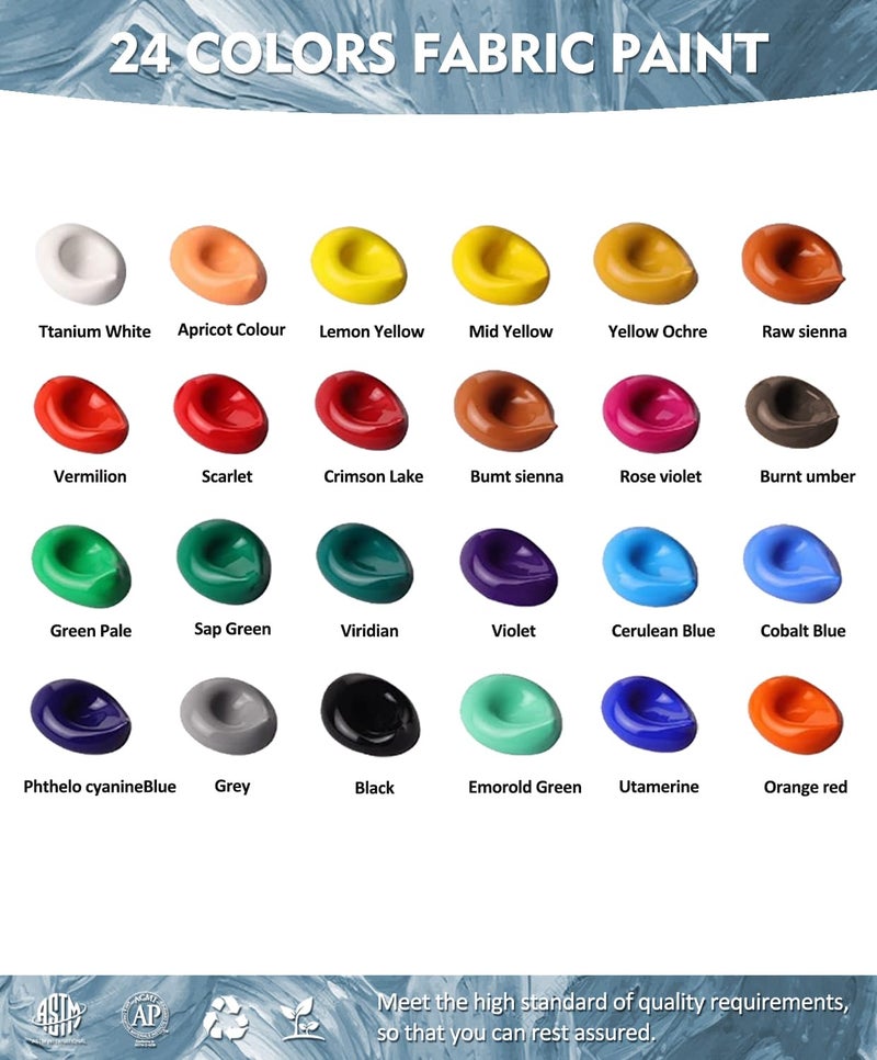 Colorful طقم طلاء قماش ملون للملابس 24 لون - مجموعة طلاء قماش دائمة للأحذية، قماش - طقم طلاء غير سام للبالغين، المبتدئين والفنانين - Image 2