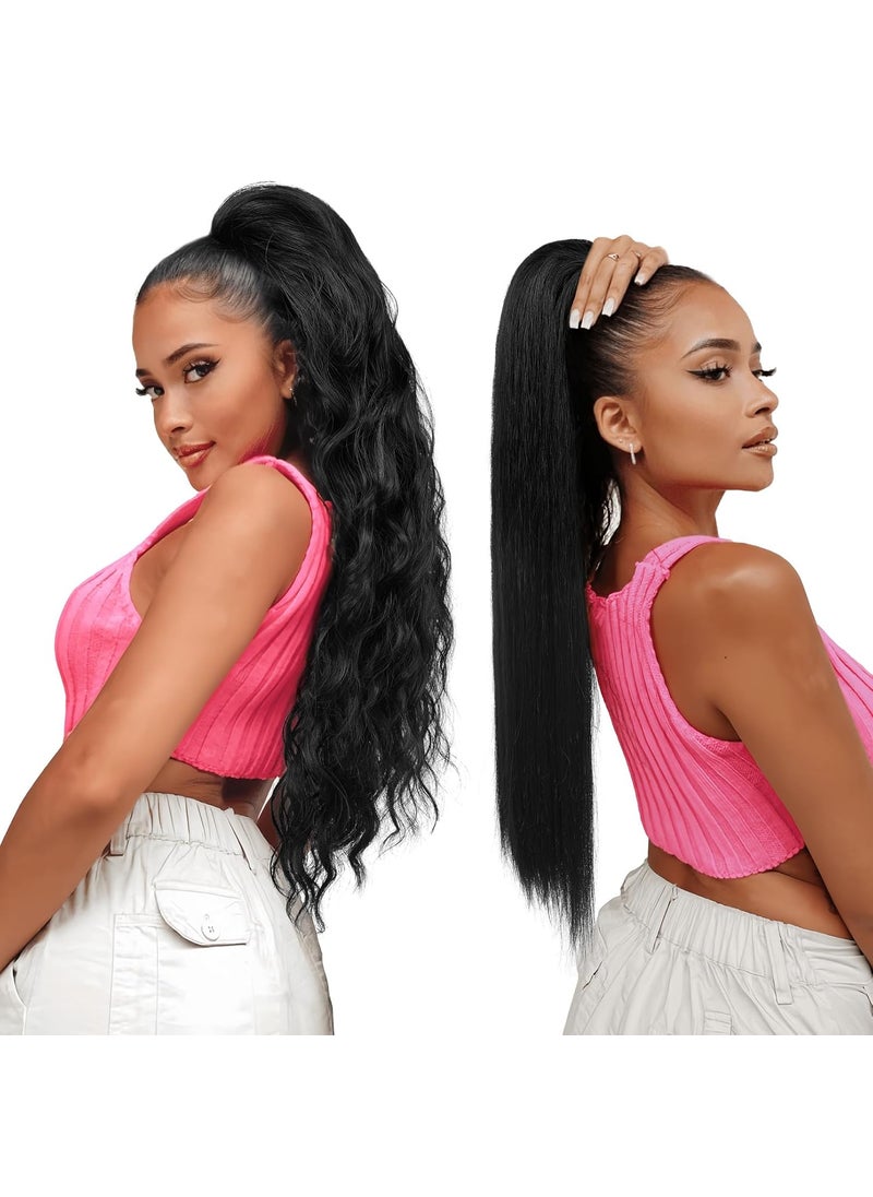 SEIKEA SEIKEA 2PCS Ponytail Extension 26 Eva Long Wavy 28 Vida Long Straight Drawstring Ponytail Multilayered Clip in Hair Extensions Ponytail Synthetic Hairpiece Black 