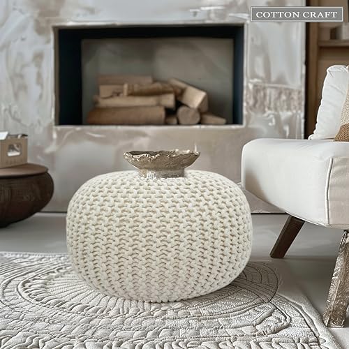 COTTON CRAFT Round Dori Pouf - Cotton Braid Cord Cable Knitted Ottoman - Foot Stool Footrest Floor Pouf Accent Furniture Bean Bag - Living Room Dorm Décor - 20.5 Dia x 13.5 High - Round Ivory Cream - Image 2