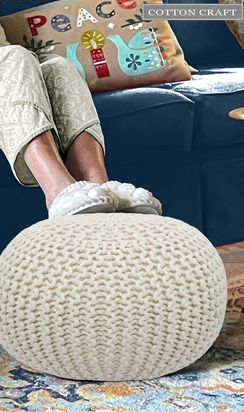 COTTON CRAFT Round Dori Pouf - Cotton Braid Cord Cable Knitted Ottoman - Foot Stool Footrest Floor Pouf Accent Furniture Bean Bag - Living Room Dorm Décor - 20.5 Dia x 13.5 High - Round Ivory Cream - Image 3
