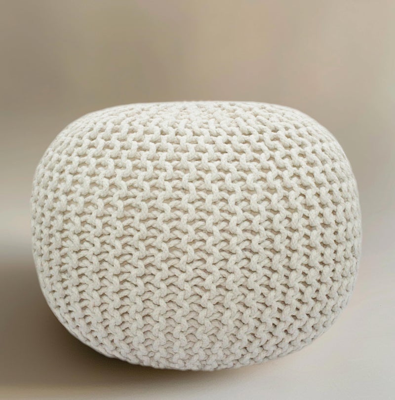 COTTON CRAFT Round Dori Pouf - Cotton Braid Cord Cable Knitted Ottoman - Foot Stool Footrest Floor Pouf Accent Furniture Bean Bag - Living Room Dorm Décor - 20.5 Dia x 13.5 High - Round Ivory Cream - Image 1