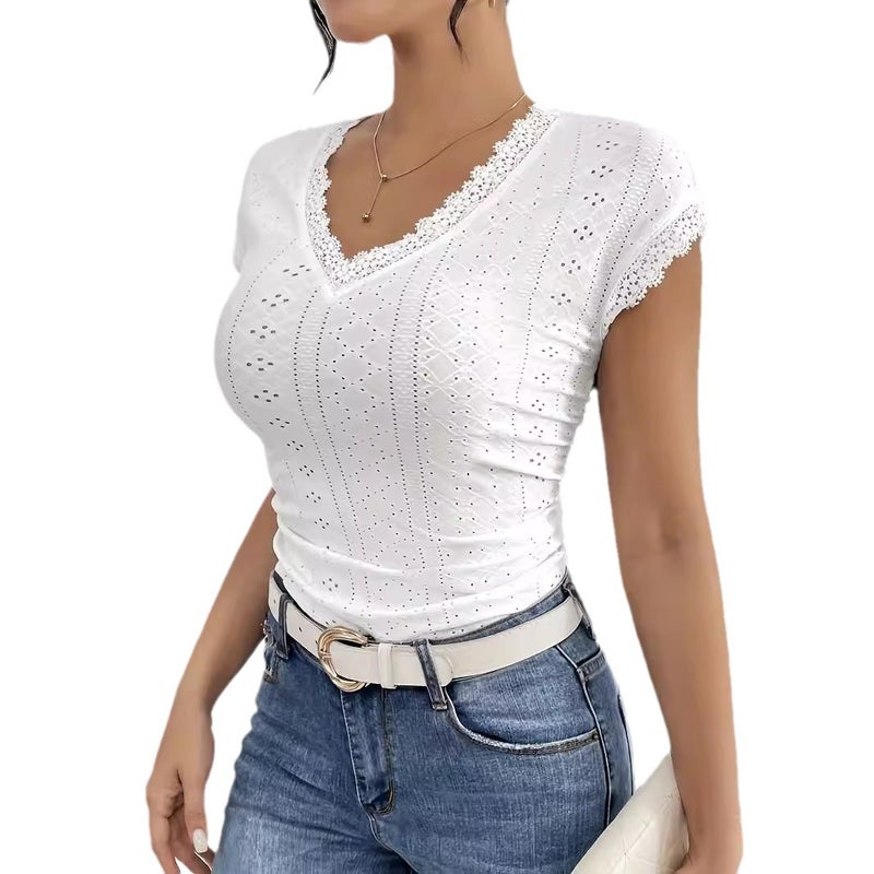 Women's Lace Patch V-Neck Short Sleeve T-Shirt - Image 5