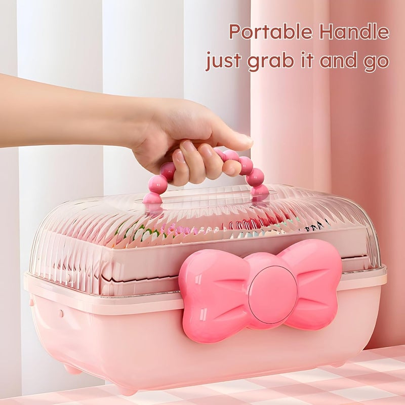 HoopVool Hair Accessories Organizer Box Hair Ribbon Storage Box Ribbon Box MultiPurpose 3 Layer Organizer with Handles for Nail Hair Accessories Sewing Supplies Makeup Art Supplies Pink - Image 3