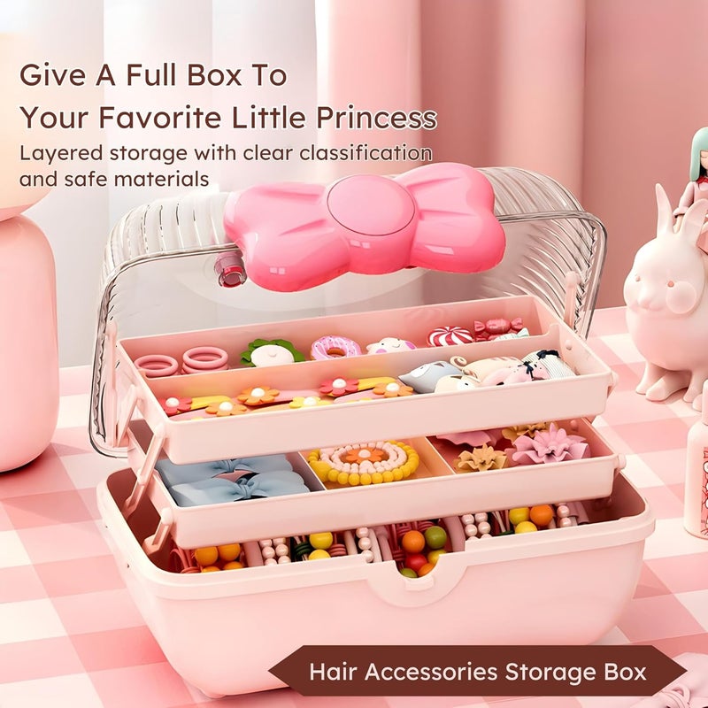 HoopVool Hair Accessories Organizer Box Hair Ribbon Storage Box Ribbon Box MultiPurpose 3 Layer Organizer with Handles for Nail Hair Accessories Sewing Supplies Makeup Art Supplies Pink - Image 4