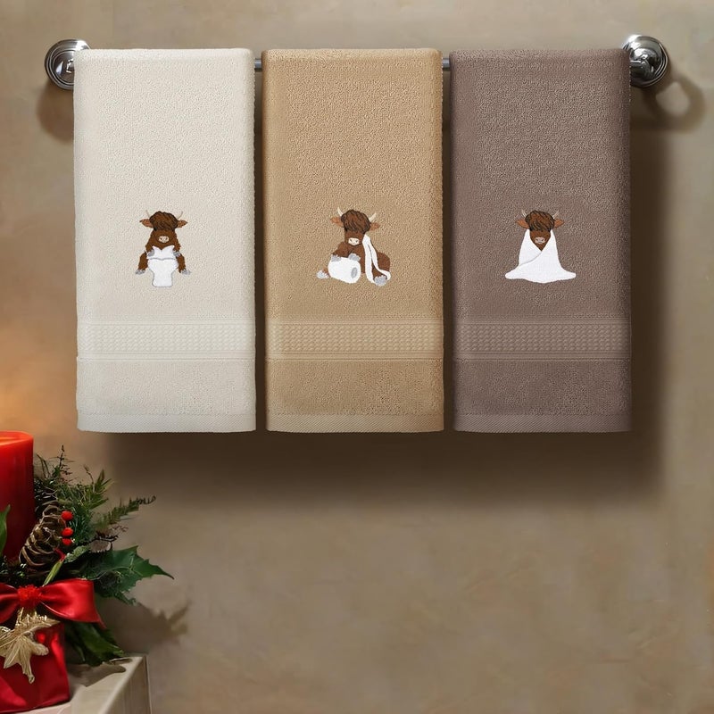 FuWeave 3 Pcs Highland Cow Hand Towels Embroidered Cow Farmhouse Decorative Bath Towels for Bathroom Kitchen Decor Country Farm Highland Holiday Housewarming Gifts, 100% Cotton, 13.3 x 29.5'' - Image 4