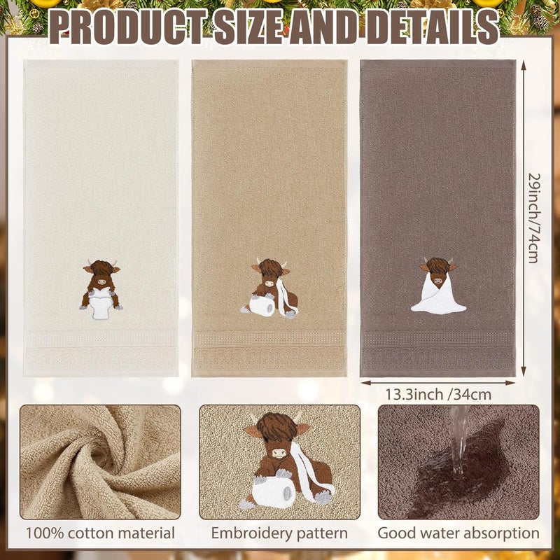FuWeave 3 Pcs Highland Cow Hand Towels Embroidered Cow Farmhouse Decorative Bath Towels for Bathroom Kitchen Decor Country Farm Highland Holiday Housewarming Gifts, 100% Cotton, 13.3 x 29.5'' - Image 2