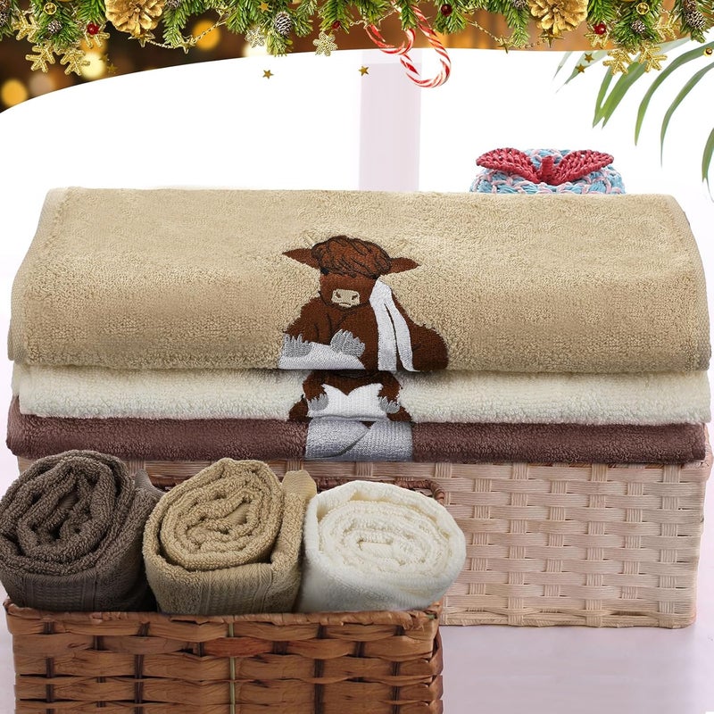 FuWeave 3 Pcs Highland Cow Hand Towels Embroidered Cow Farmhouse Decorative Bath Towels for Bathroom Kitchen Decor Country Farm Highland Holiday Housewarming Gifts, 100% Cotton, 13.3 x 29.5'' - Image 5