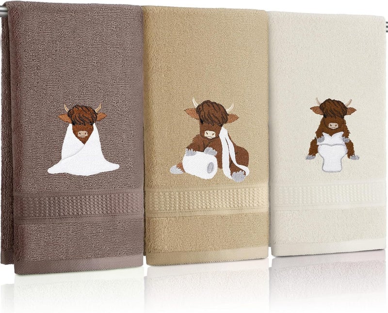 FuWeave 3 Pcs Highland Cow Hand Towels Embroidered Cow Farmhouse Decorative Bath Towels for Bathroom Kitchen Decor Country Farm Highland Holiday Housewarming Gifts, 100% Cotton, 13.3 x 29.5'' - Image 1