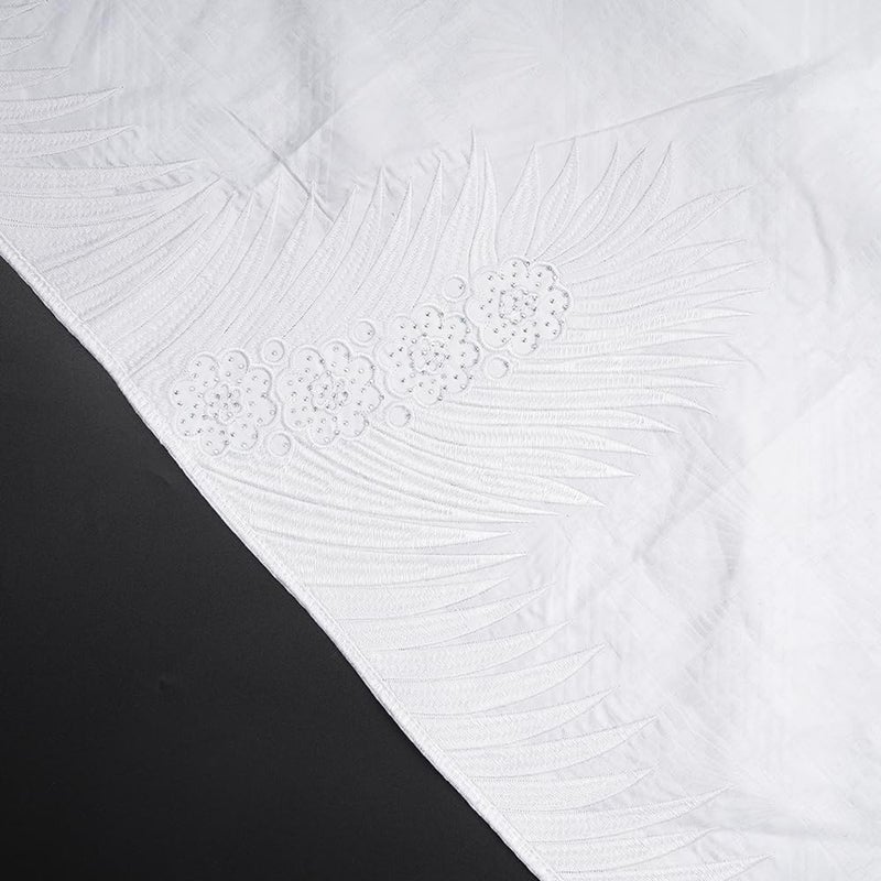 HD African Traditional All White Bazin Maxi Dress for Woman Feather Pattern Embroidery Dashiki Dresses with Head Wraps XL - Image 2