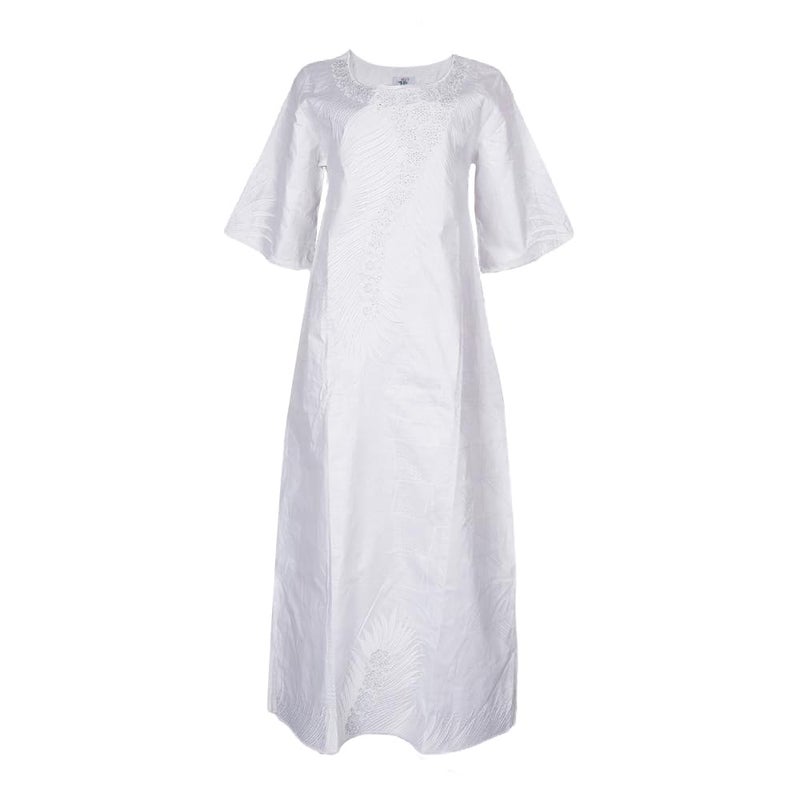 HD African Traditional All White Bazin Maxi Dress for Woman Feather Pattern Embroidery Dashiki Dresses with Head Wraps XL - Image 1