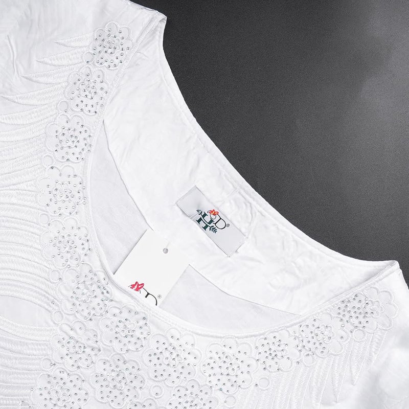 HD African Traditional All White Bazin Maxi Dress for Woman Feather Pattern Embroidery Dashiki Dresses with Head Wraps XL - Image 4