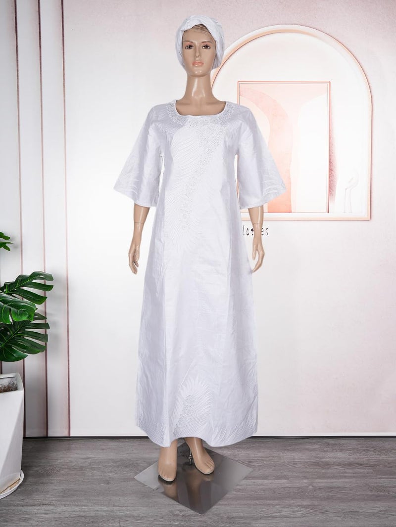 HD African Traditional All White Bazin Maxi Dress for Woman Feather Pattern Embroidery Dashiki Dresses with Head Wraps XL - Image 3