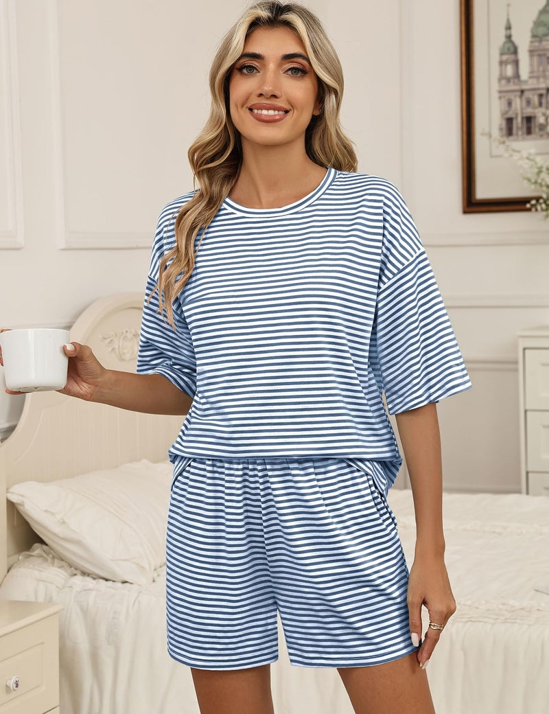 LOMON Postpartum Lounge Sets for Women 2-Piece Pajamas Tops and Short Pjs Cute Comfy Loungewear (White Blue Striped, S) - Image 2