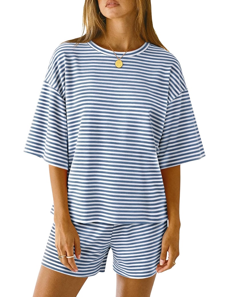 LOMON Postpartum Lounge Sets for Women 2-Piece Pajamas Tops and Short Pjs Cute Comfy Loungewear (White Blue Striped, S) - Image 1