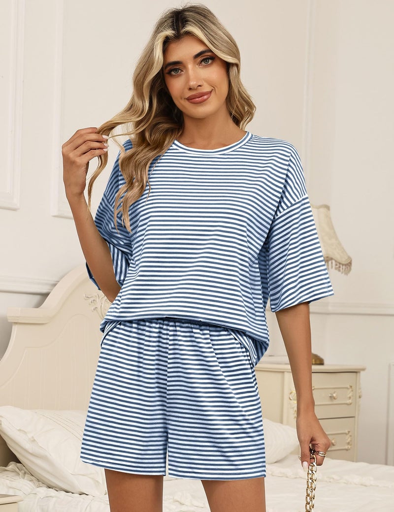 LOMON Postpartum Lounge Sets for Women 2-Piece Pajamas Tops and Short Pjs Cute Comfy Loungewear (White Blue Striped, S) - Image 3