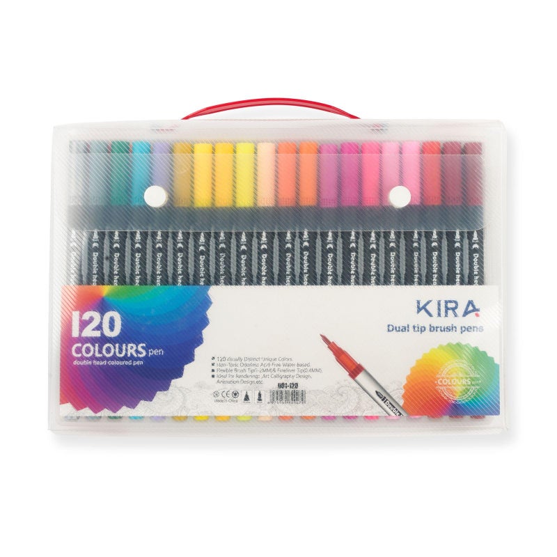KIRA Dual Tip Brush With Coloring Book & Coloring Pens, Fine & Brush Tip Pen for Adults Coloring Book Journals Planner Writing Drawing Note Taking, Include Brush Lettering Calligraphy (120 Colored) - Image 1