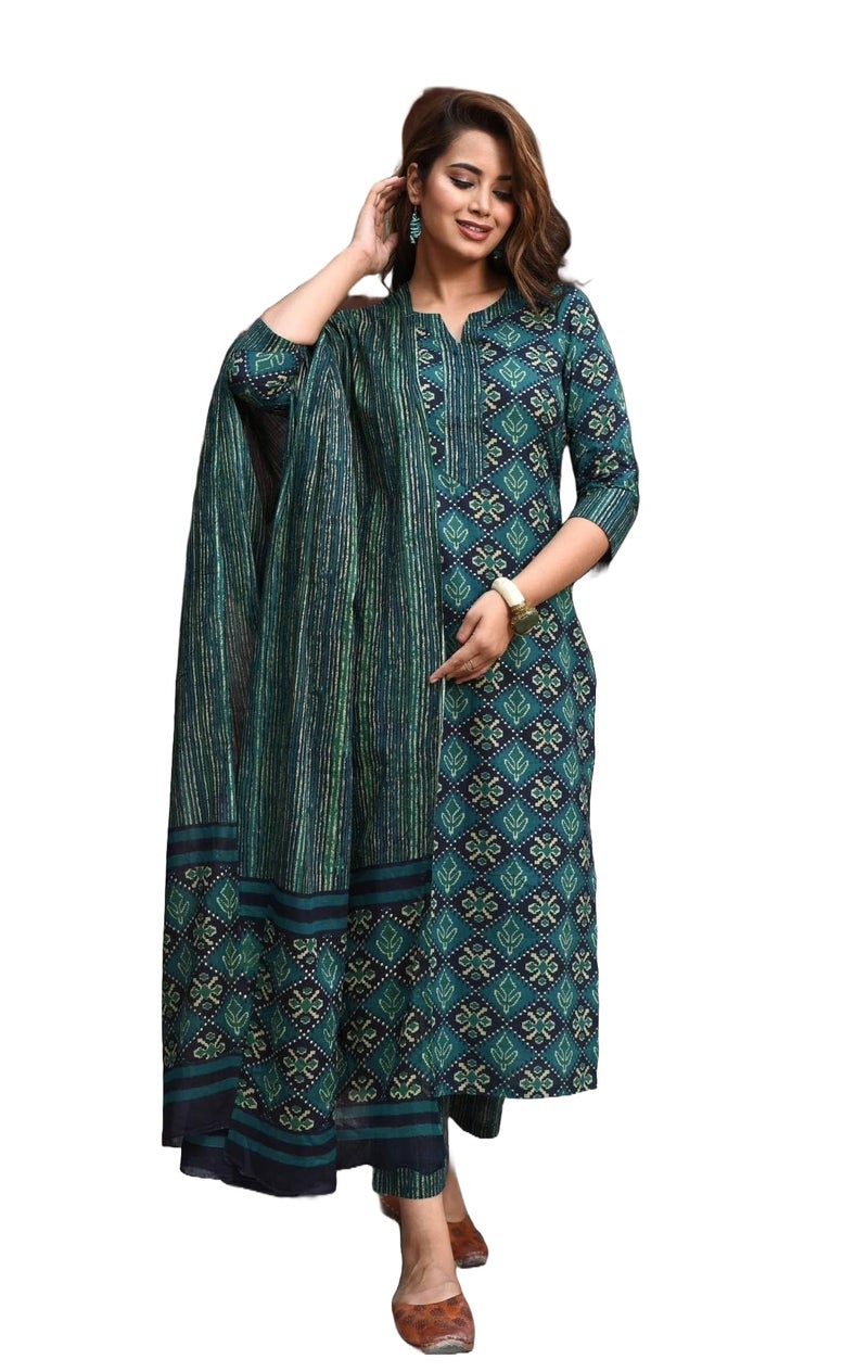 LookMark Women's Printed Cotton Blend Straight Kurta Pant Dupatta Set - Stylish Ethnic Wear for Women (AZ-LM-OG-KS2116-XL) Green - Image 5