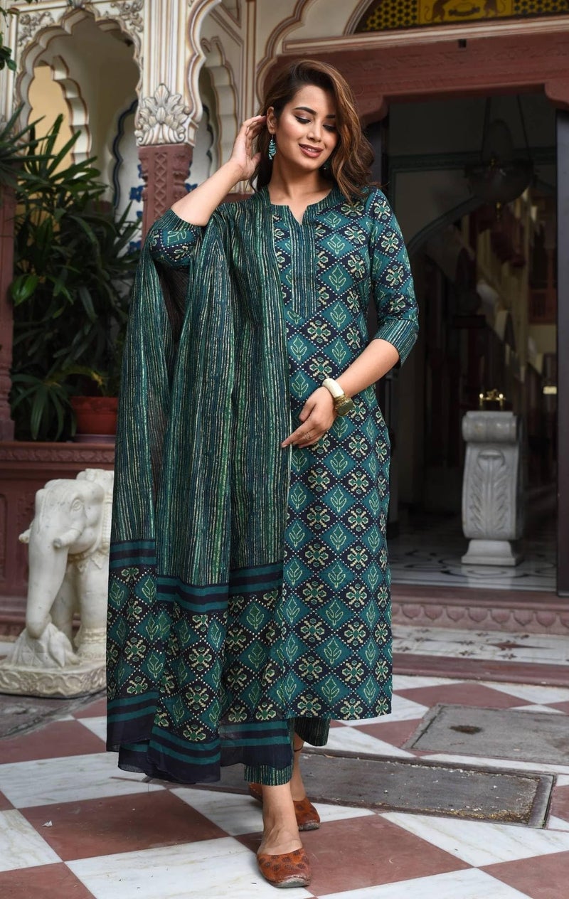LookMark Women's Printed Cotton Blend Straight Kurta Pant Dupatta Set - Stylish Ethnic Wear for Women (AZ-LM-OG-KS2116-XL) Green - Image 4