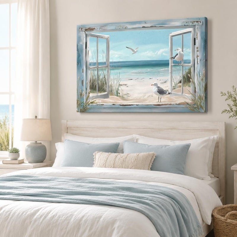 ARS Open Window Ocean View Canvas Wall Art Vintage French Door Beach Landscape Painting with White Cherry Blossom Floral Vases & Butterflies, Rustic Sea for Home, Villa & Office Decor - Image 1