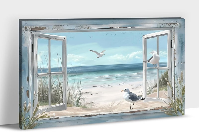 ARS Open Window Ocean View Canvas Wall Art Vintage French Door Beach Landscape Painting with White Cherry Blossom Floral Vases & Butterflies, Rustic Sea for Home, Villa & Office Decor - Image 2