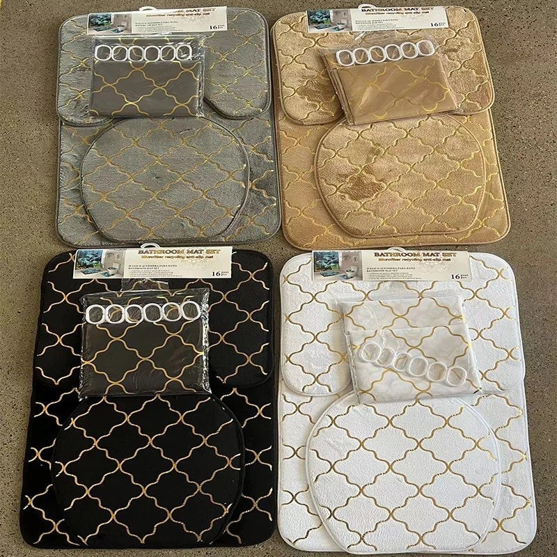 Y&D Modern Polyester Bath Mats Gold Stamping Printed Two Four Sets Includes Toilet Lid Shower Curtain Sponge Machine Made - Image 2