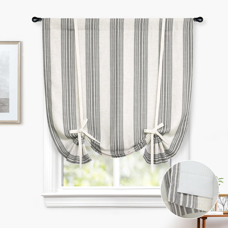 DriftAway Chris Double Layer Linen Blackout Tie Up Curtains Thermal Insulated Fully Lined Vertical Striped Balloon Roman Shade Bathroom Window Adjustable Rod Pocket 45 Inch by 63 Inch Gray - Image 1