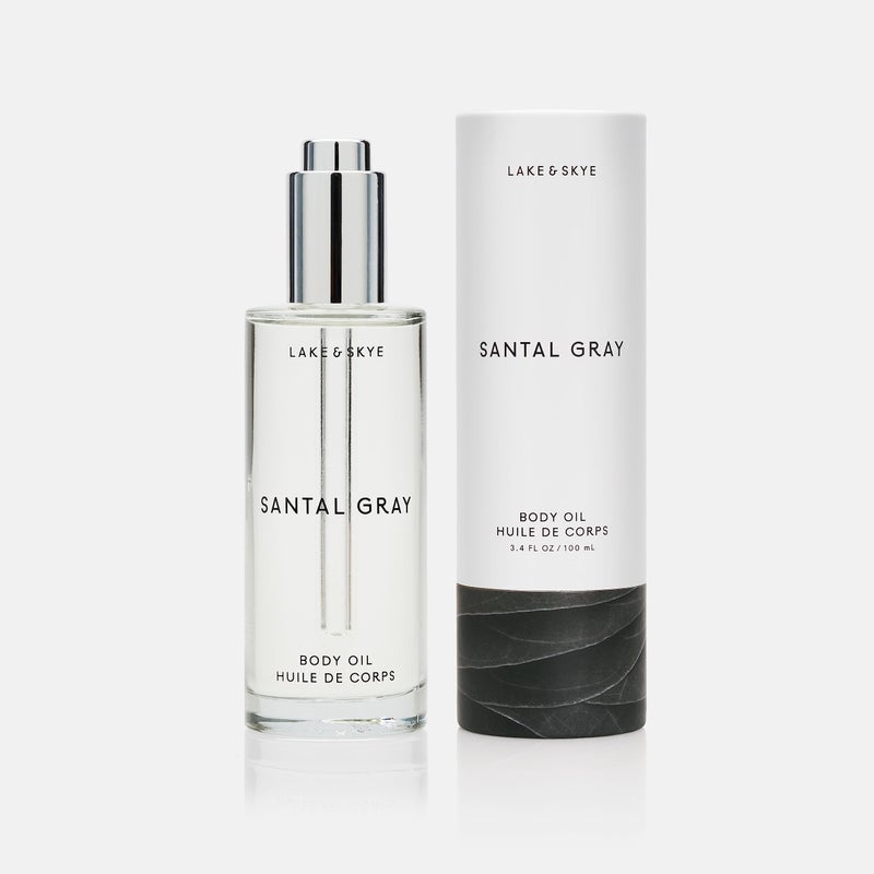 Lake & Skye Santal Gray Body Oil, 3.4 fl oz (100 ml), Hydrating with Vitamin E & Sweet Almond Oil - Woody Scent - Image 1