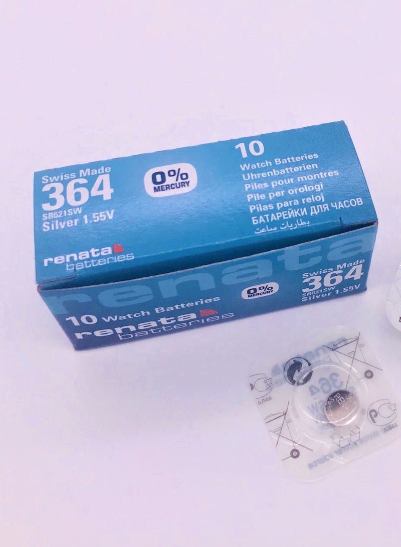 Renata 364 Watch Battery (SR621SW), Silver Oxide 1.55V Battery, Pack of 10 Batteries - Image 3