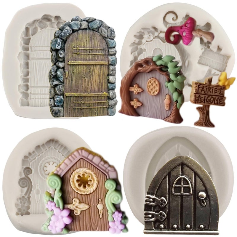 Sijiangmold Enchanted Vintage Fairy Garden Fairy Gnome Home Door Silicone Fondant Mold For Cupcake Topper Cake Decorating Candy Polymer Clay Chocolate Gum Paste Set of 4