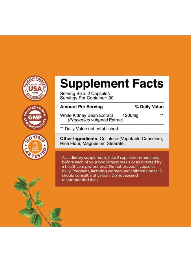 White Kidney Bean Extract Carb Blocker - White Kidney Beans Supplement for Weight Loss & Reduce Calories from Starchy Food - Glucose Support & Carb Control Supplements - 60 Capsules