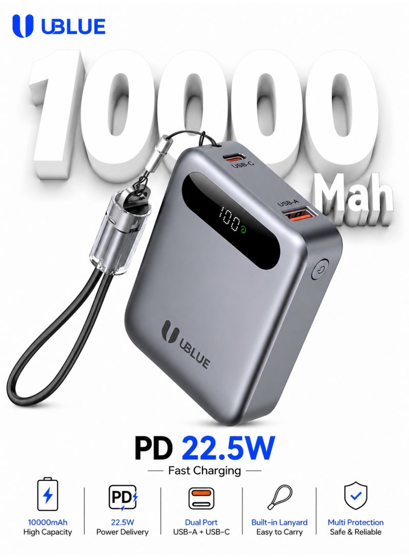 يوبلو شاحن UBLUE صغير بسعة 10000 مللي أمبير مع كابل USB-C مدمج، شاحن محمول صغير لأجهزة iPhone وSamsung Galaxy وiPad وAirPods، رمادي - Image 1