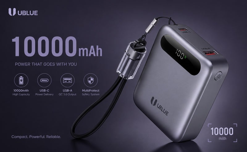 يوبلو شاحن UBLUE صغير بسعة 10000 مللي أمبير مع كابل USB-C مدمج، شاحن محمول صغير لأجهزة iPhone وSamsung Galaxy وiPad وAirPods، رمادي - Image 2
