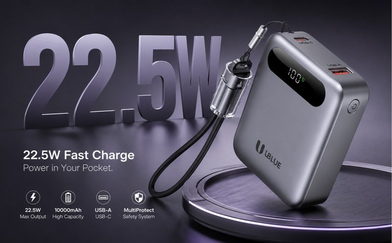 يوبلو شاحن UBLUE صغير بسعة 10000 مللي أمبير مع كابل USB-C مدمج، شاحن محمول صغير لأجهزة iPhone وSamsung Galaxy وiPad وAirPods، رمادي - Image 4