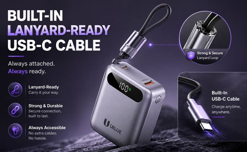 يوبلو شاحن UBLUE صغير بسعة 10000 مللي أمبير مع كابل USB-C مدمج، شاحن محمول صغير لأجهزة iPhone وSamsung Galaxy وiPad وAirPods، رمادي - Image 3