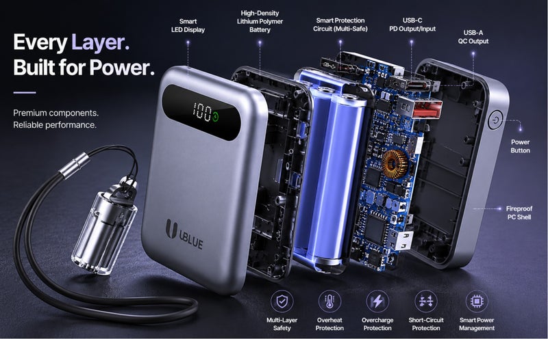 يوبلو شاحن UBLUE صغير بسعة 10000 مللي أمبير مع كابل USB-C مدمج، شاحن محمول صغير لأجهزة iPhone وSamsung Galaxy وiPad وAirPods، رمادي - Image 5